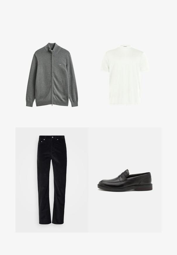Cárdigan gris de punto con cremallera, con puños, cuello y bajo de canalé, con un pequeño logo bordado en el pecho izquierdo.; Camiseta blanca de cuello redondo hecha de tela suave. Mangas cortas, sin estampados. Diseño simple con dobladillo recto y detalles mínimos.; Pantalones de pana negra con diseño de pierna recta. Presentan un cierre de botón y estilo de cinco bolsillos. Tejido texturizado acanalado.; Mocasines de cuero negro con detalle de costura en la puntera, dos correas horizontales en la parte superior y un tacón de madera. Textura suave y forma redondeada.