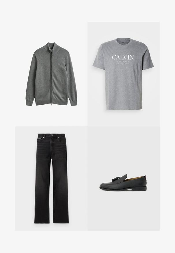 Grau gestrickter Cardigan mit Reißverschluss, gerippten Bündchen, Kragen und Saum, mit kleinem gesticktem Logo auf der linken Brust.; Graues Kurzarm-Cotton-T-Shirt mit dem in Weiß bedruckten Text "CALVIN NEW YORK 1968 CK Calvin Klein" auf der Vorderseite in der Mitte.; Schwarze Jeans mit geraden Beinen, fünf Taschen, Gürtelschlaufen und Knopfverschluss, auf weißem Hintergrund dargestellt.; Schwarzer Herrenschuh aus Leder mit Quasten, runder Spitze, niedrigem Absatz und Zuglasche auf der Rückseite, seitlich auf hellem grauem Hintergrund dargestellt.