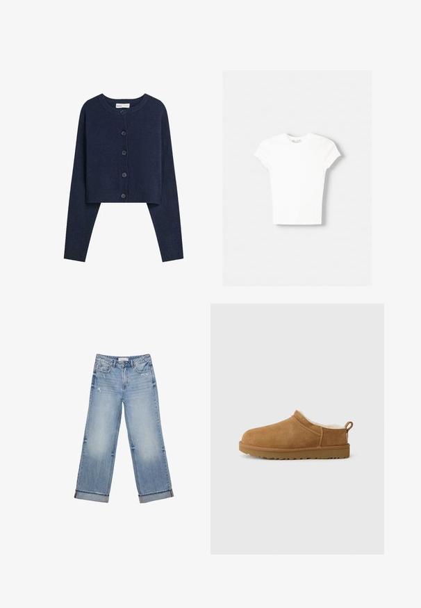 Marineblå kort cardigan lavet af blødt materiale med lange ærmer, rund halsudskæring og seks knaplukninger foran.; Hvid kortærmet t-shirt lavet af blød bomuld, med rund halsudskæring og en tætsiddende form. Ingen synlige mønstre eller udsmykninger.; Lyseblå denimjeans med bred bendesign, der har frynset kant, let slid og klassisk fem-lommes design.; Brune ruskind slip-on sko med blødt, hvidt pelsfor, flad gummisål, rund tå og lille trækstrop ved hælen.