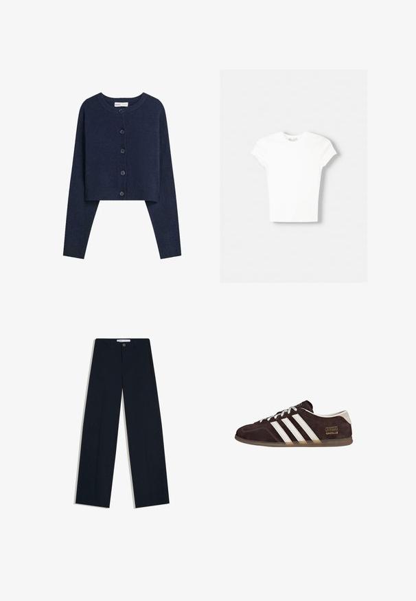 Marineblauwe cropped cardigan gemaakt van zacht materiaal, met lange mouwen, ronde halslijn en zes knopen aan de voorkant.; Witte t-shirt met korte mouwen van zachte katoen, met een ronde halslijn en een getailleerde vorm. Geen zichtbare patronen of versieringen.; Donker marineblauwe op maat gemaakte broek met knoop- en ritssluiting, rechte pijpen en subtiele krijtstreeptextuur op een witte achtergrond.; Bruine suède sneakers met drie witte strepen, rubberen zool en een tekstlabel met de tekst "Gazelle" in goud. Vetersluiting met grijze veters.