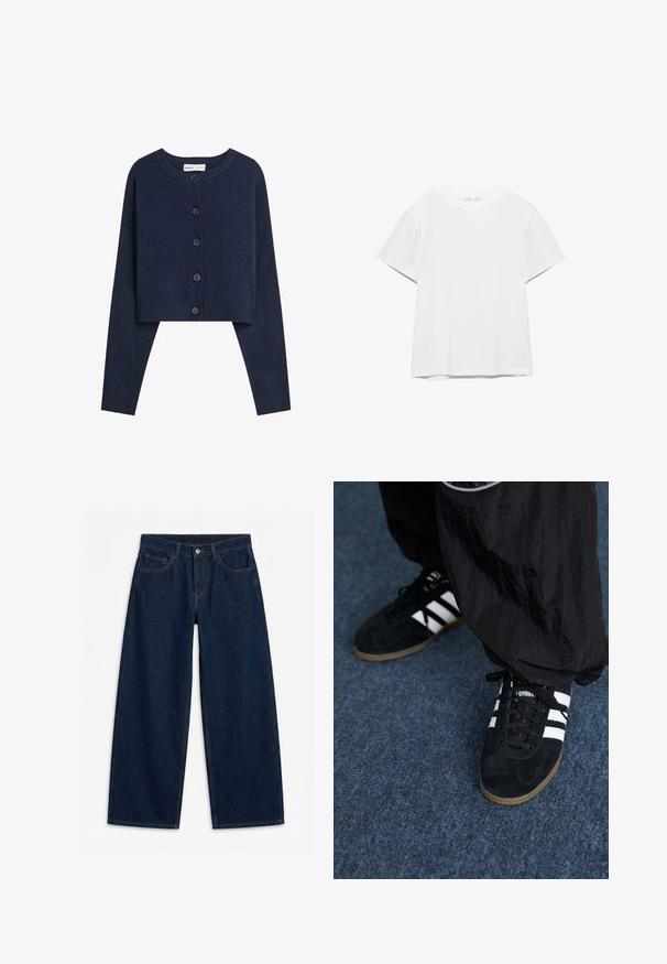 Marineblauwe cropped cardigan gemaakt van zacht materiaal, met lange mouwen, ronde halslijn en zes knopen aan de voorkant.; Effen wit T-shirt met korte mouwen en ronde hals, met een rechte zoom, gepresenteerd tegen een witte achtergrond.; Donkerblauwe wijde denim jeans met knoopsluiting aan de voorkant en rits, lussen voor een riem en vijf zakken, plat gelegd op een witte achtergrond.; Zwarte suède sportschoenen met drie witte strepen en zwarte veters. Een gestructureerde zwarte broek is deels zichtbaar naast de schoenen.