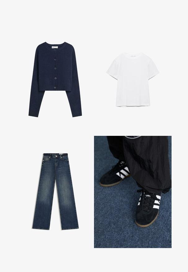 Marineblå kort cardigan lavet af blødt materiale med lange ærmer, rund halsudskæring og seks knaplukninger foran.; Hvid, kortærmet T-shirt med rund hals og lige kant, vist på en hvid baggrund.; Mørkeblå jeans med vide ben, klassisk design med fem lommer, knap- og lynlås-lukning samt diskret falmning på lårene foran.; Sorte suedetrainingssko med tre hvide striber og sorte snørebånd. Et tekstureret sort bukser er delvist synligt ved siden af skoene.