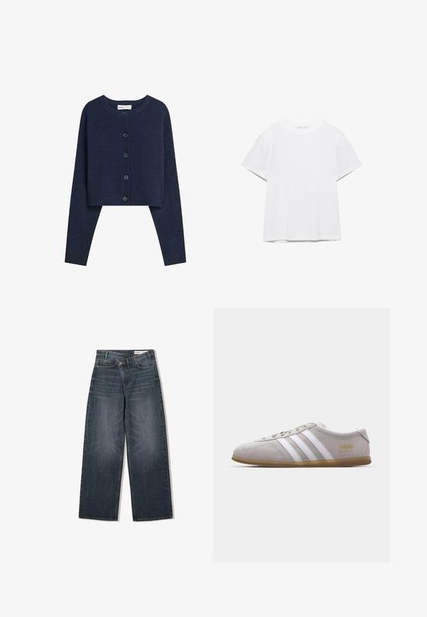 Marineblauwe cropped cardigan gemaakt van zacht materiaal, met lange mouwen, ronde halslijn en zes knopen aan de voorkant.; Effen wit T-shirt met korte mouwen en ronde hals, met een rechte zoom, gepresenteerd tegen een witte achtergrond.; Donker gewassen spijkerbroek met een wijde pijpdesign, voorzien van een hoge taille, vijf zakken en subtiele wassing aan de voorkant.; Grijze suede sneaker met witte leren strepen en gouden logo detail. Platte gum zool, ronde neus en klassiek vetersluitingssysteem.