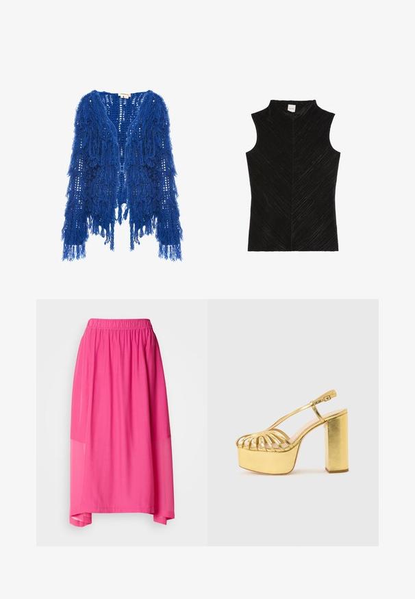 Blauwe gehaakte cardigan met franjes, met een open voorkant, lange mouwen en textuur garen. Heeft franjes van verschillende lengtes langs de randen.; Mouwloze zwarte geribde top met hoge hals en subtiele diagonale textuur, met Calvin Klein-label aan de binnenkant van de kraag.; Roze midi-rok met een elastische tailleband, met een gelaagd ontwerp en doorschijnende accenten, die een vloeiende silhouette en zachte textuur creëren.; Gouden metalen plateausandaal met open kooitje aan de voorkant, enkelriem met gesp en chunky hoge hak op een lichte achtergrond.