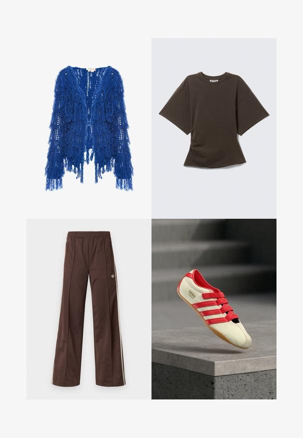 Blauwe gehaakte cardigan met franjes, met een open voorkant, lange mouwen en textuur garen. Heeft franjes van verschillende lengtes langs de randen.; Donkerbruin oversized T-shirt met korte mouwen en ronde hals, met "WEEKDAY" label aan de binnenkant van de kraag, afgebeeld op een lichte achtergrond.; Bruine sportbroek met een wijd uitlopende pijp, witte zijstrepen, een elastische tailleband en twee zijzakken. Heeft een klein logo op het been.; Rode en crèmekleurige sportschoen met drie rode strepen, een zachte bovenzijde, rubberen zool en klittenbandsluitingen. Heeft een gestroomlijnd, laag profiel ontwerp.