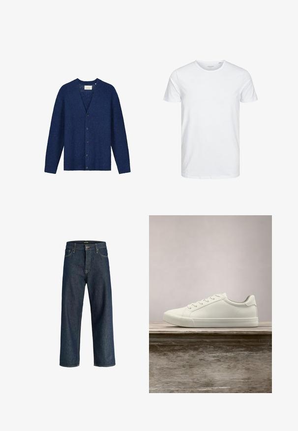 Cardigan bleu marine en tissu tricoté texturé, doté d'un décolleté en V, de manches longues et de six boutons sur le devant.; T-shirt à col rond à manches courtes de couleur blanche unie, fabriqué en coton doux, avec un design simple sans motifs ni accents visibles.; Jean droit en denim bleu foncé avec poches avant, passants pour ceinture et fermeture par bouton, présenté sur un fond blanc.; Sneaker en dentelle blanche flottant au-dessus d'un banc en bois avec un feuillage vert en arrière-plan, mettant en valeur le design et la texture de la chaussure.