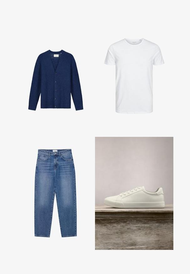 Cardigan bleu marine en tissu tricoté texturé, doté d'un décolleté en V, de manches longues et de six boutons sur le devant.; T-shirt à col rond à manches courtes de couleur blanche unie, fabriqué en coton doux, avec un design simple sans motifs ni accents visibles.; Jean en denim bleu avec une taille haute, une coupe droite et une finition délavée. Comprend cinq poches et une fermeture à bouton.; Sneaker en dentelle blanche flottant au-dessus d'un banc en bois avec un feuillage vert en arrière-plan, mettant en valeur le design et la texture de la chaussure.