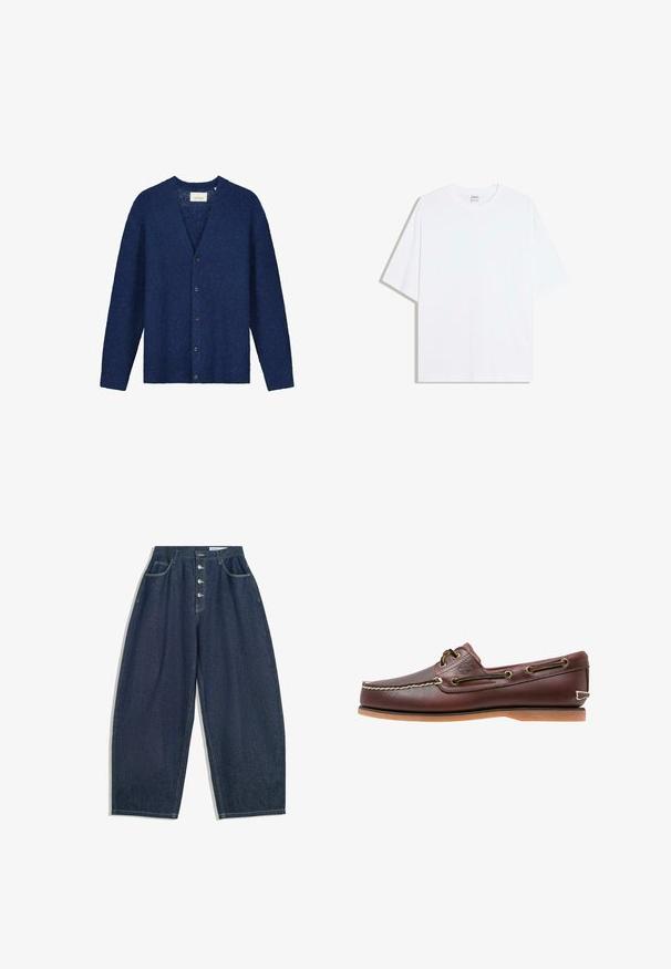 Cardigan bleu marine en tissu tricoté texturé, doté d'un décolleté en V, de manches longues et de six boutons sur le devant.; T-shirt oversize en coton blanc avec un col rond et des manches courtes ; texture lisse, sans motifs ni accents visibles.; Pantalons en denim bleu foncé à jambes larges avec une taille haute, fermeture à cinq boutons et cinq poches. Présente des accents de couture sur les coutures.; Chaussure bateau en cuir marron avec coutures blanches, détails de lacets et semelle en caoutchouc beige, vue de côté sur fond blanc.