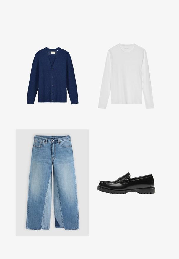 Cardigan bleu marine en tissu tricoté texturé, doté d'un décolleté en V, de manches longues et de six boutons sur le devant.; T-shirt blanc à manches longues en coton doux, avec un col rond et une texture lisse sans motifs ni accents visibles.; Jean droit en denim bleu avec un design classique à cinq poches et une fermeture à boutons à l'avant, présenté à plat sur un fond neutre.; Mocassin en cuir noir avec une semelle en caoutchouc épaisse et un détail classique de bride à monnaie, vu de côté extérieur.
