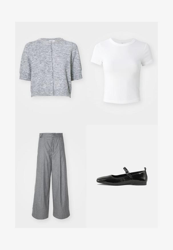 Kortærmet, grå cardigan med tekstureret strik, rund halsudskæring og udsmykket krave. Har foran knapper og ribstrikkede manchetter.; Simpel hvid kortærmet cropped t-shirt med rund halsudskæring, præsenteret på en neutral lys baggrund.; Grå vidde bukser lavet af blødt stof, med høj talje, frontfolder og et diskret logo-tag på taljebåndet.; Sorte patentlæder flade sko med spidse tæer, en ankelrem med spænde og en glat, blank tekstur. Lav hæl for komfort.