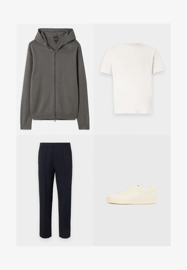 Sudadera con capucha de punto gris, con cremallera frontal completa, puños y dobladillo acanalados, y capucha con cordón. Textura suave con un diseño sencillo.; Camiseta blanca lisa de manga corta con cuello redondo, mostrada de frente sobre un fondo gris claro.; Pantalones negros de pierna recta con detalle de costura frontal, cintura elástica y bolsillos laterales sobre un fondo claro liso.; Zapatilla de color crema con parte superior de cuero liso, puntera redondeada, cierre de cordones y suela de goma texturizada. Diseño minimalista, sin logotipos.