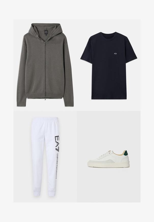 Sudadera con capucha de punto gris, con cremallera frontal completa, puños y dobladillo acanalados, y capucha con cordón. Textura suave con un diseño sencillo.; Camiseta de algodón de color azul marino con mangas cortas y cuello redondo. Presenta un pequeño logo blanco "A|X" en la parte izquierda del pecho.; Pantalones de chándal blancos hechos de tejido suave, con logotipos impresos en negro "EA7" y "Emporio Armani" a lo largo de la pierna izquierda, con cintura y puños elásticos.; Zapatilla blanca con acentos de ante, puntera redondeada, cordones planos y suela de goma color crema. Presenta un logo verde en el talón.