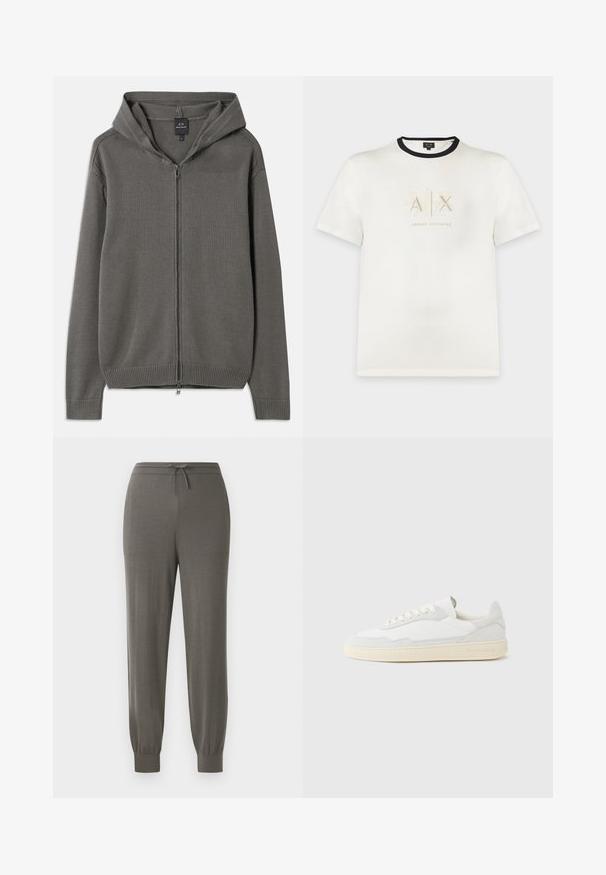 Grijze gebreide hoodie met een volledige voorkleur rits, ribbelmanchetten en zoom, en een capuchon met trekkoord. Glad oppervlak met een eenvoudig ontwerp.; Witte T-shirt met korte mouwen en zwarte kraagafwerking met het "A|X Armani Exchange" logo in lichte kleuren gedrukt op de borst.; Grijze joggingbroek met een trekkoord in de taille, taps toelopende manchetten, zachte stoftextuur en een strakke, minimalistische uitstraling.; Witte sneaker met een bovenwerk van gestructureerd suède en leer. Voorzien van een afgeronde neus, vetersluiting en een contrasterende beige rubberen zool.