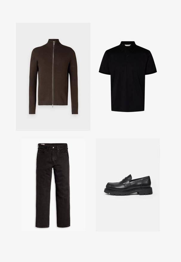 Brun lynlås sweater med høj krave, lavet af tekstureret strikstof. Har lange ærmer og ribbede manchetter og kant.; Sort kortærmet polo skjorte med krave og to knapper ved halsudskæringen, vist på en ensfarvet hvid baggrund.; Sorte lige bukser i denim med fem lommer, knaplukning og bæltestropper, lagt fladt ud på en hvid baggrund.; Sort læderloafer med tyk rillede sål og penny-remdetalje, vist i højre sideprofil på hvid baggrund.