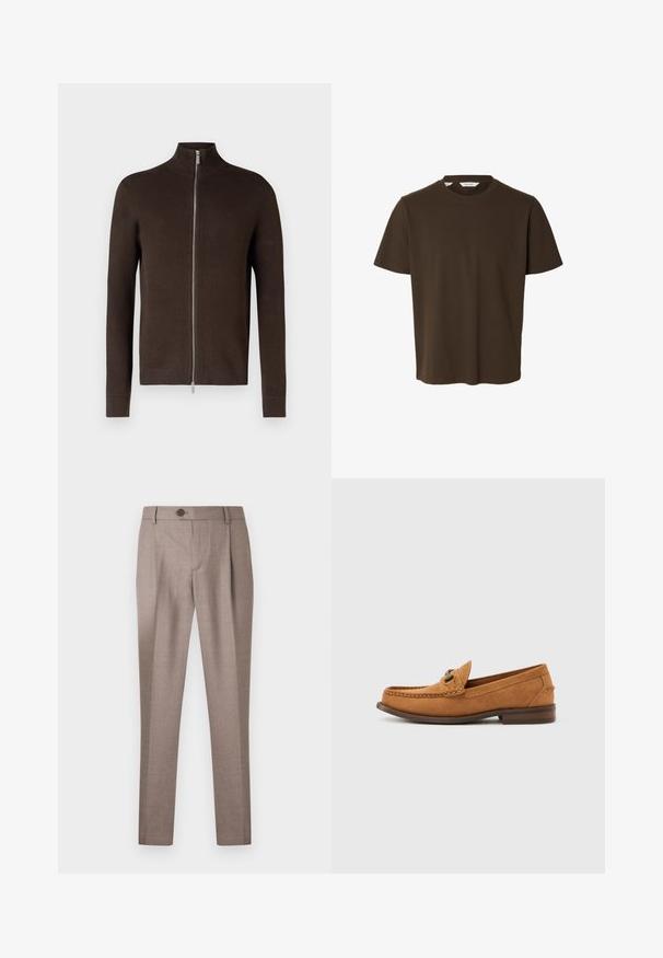 Pull en zip marron avec col haut, fabriqué en tissu tricoté texturé. Doté de manches longues et de bords côtelés aux poignets et à l'ourlet.; T-shirt uni marron foncé à manches courtes et col rond, présenté sur fond blanc, avec l’étiquette "Selected" visible à l’intérieur du col.; Pantalon de tailleur marron clair avec fermeture à bouton et zip, passants de ceinture, coupe droite, sur fond blanc.; Mocassin pour homme en daim marron clair avec détail en métal et couture mocassin, présenté en profil sur un fond blanc uni.