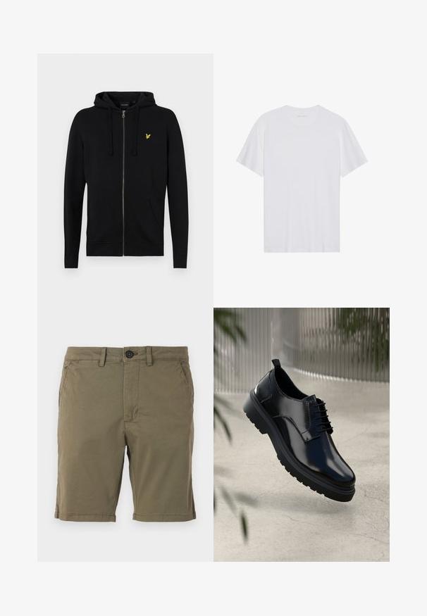 Sort zip-up hættejakke lavet af blødt stof, med snoretræk til hætten, frontlommer og et lille gult ørne-logo på brystet.; Hvid bomulds T-shirt med korte ærmer, rund hals og en glat tekstur. Har minimal branding på halsudskæringen.; Olivenfarvede shorts lavet af en bomuldsblanding, med knaplukning, forlommer og en afsluttet bund med subtile sømdetaljer.; Sorte lædersko med en blank overflade, rund tå, snøredesign, kontrastsyninger og en tyk gummisål med mønster.