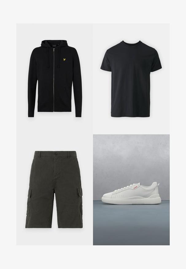 Sort zip-up hættejakke lavet af blødt stof, med snoretræk til hætten, frontlommer og et lille gult ørne-logo på brystet.; Sort bomulds t-shirt med kortærmer, rund halsudskæring og en afslappet pasform. Glat tekstur og lige kant, ingen synlige grafikker eller mønstre.; Mørkegrønne cargo shorts lavet af et letvægtigt stof, med to sidelommer og en knaplukning i taljen.; Hvide sneakers med en glat læderfinish, rund tå, fire snørehuller, subtile perforeringer og en rød logo detalje på siden.
