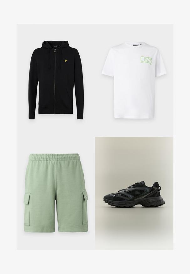 Zwarte rits hoodies gemaakt van zachte stof, met een trekkoordcapuchon, voorzakken en een klein geel adelaarslogo op de borst.; Wit katoenen t-shirt met een klein groen "LS" logo op het linkerborstgebied. Klassieke ronde hals en korte mouwen.; Groene katoenen shorts met een elastische tailleband, twee zijvakjes en een klein logo op de linker broekzak.; Zwarte sportieve schoen met meshpanelen, een gestructureerde zool, veters en een gebogen silhouet met zilveren accenten aan de zijkanten.