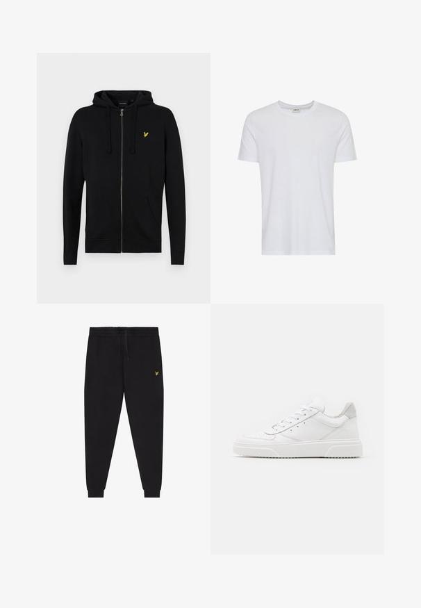 Sort zip-up hættejakke lavet af blødt stof, med snoretræk til hætten, frontlommer og et lille gult ørne-logo på brystet.; Plain hvid kortærmet t-shirt med rund hals, vist på en hvid baggrund, med et lille nakke-label, der viser mærket “Solid”.; Sorte joggerbukser med elastisk taljebånd og snøre, afsmalnende ben med manchetter og lille gul broderet logo på højre lår.; Hvide lædersneakers med en glat finish, rund tå, flade snørebånd og en struktureret sål. Grå ruskindsdetalje ved hælen.