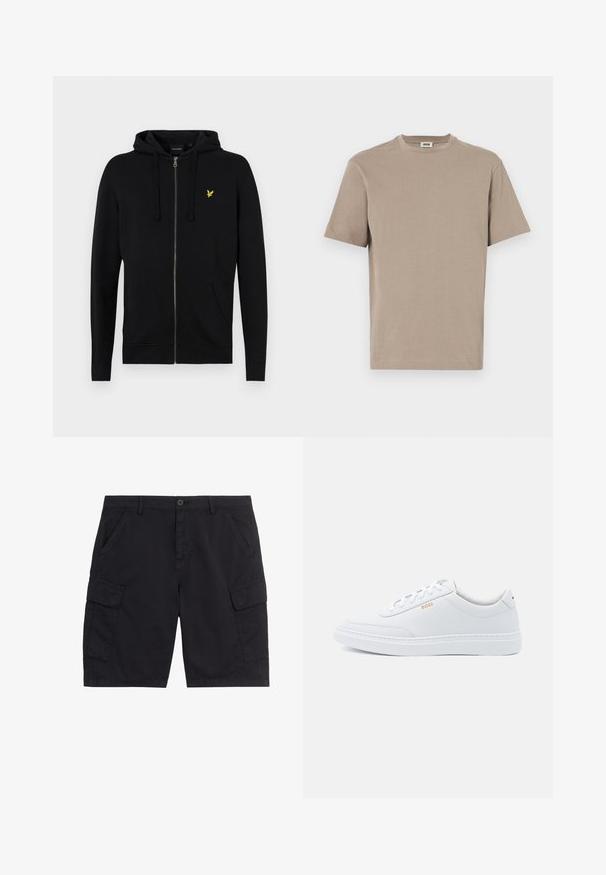 Sort zip-up hættejakke lavet af blødt stof, med snoretræk til hætten, frontlommer og et lille gult ørne-logo på brystet.; Beige bomulds t-shirt med rund hals, korte ærmer og lige kant. Glat tekstur, minimalistisk design, ingen synlige grafik eller accenter.; Sorte cargoshorts med frontknap og lynlås, to sidelommer, to klaplommer og bæltestropper.; Hvide lædersneakers med glat tekstur, rund tå og ton-i-ton syning. Har blå snørebånd og et gult logo på siden.