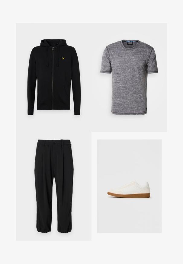 Sort zip-up hættejakke lavet af blødt stof, med snoretræk til hætten, frontlommer og et lille gult ørne-logo på brystet.; Scotch & Soda REGULAR FIT - T-shirts basic - sky captain melange; Sorte cropped bukser med elastisk talje med knap, sidelommer og en afslappet pasform med manchetter ved anklerne.; Hvide sneakers med en ruskind tåspids, glat syntetisk overdel og tan gummisål. Har perforeringer på siderne for åndbarhed.