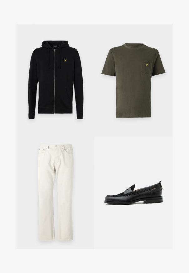 Sort zip-up hættejakke lavet af blødt stof, med snoretræk til hætten, frontlommer og et lille gult ørne-logo på brystet.; Olivengrøn bomulds t-shirt med ribbet krave, korte ærmer og en venstre brystlomme med et lille gult logo. Glat tekstur.; Lys beige straight-leg jeans lavet af bomuldsdenim. Har lommer, en klassisk knaplukning og en subtil tekstur uden mønstre.; Sort læderloafer med grå remdetalje, lav hæl og tekstureret sål, mærket med "HUGO" i guld på siden.