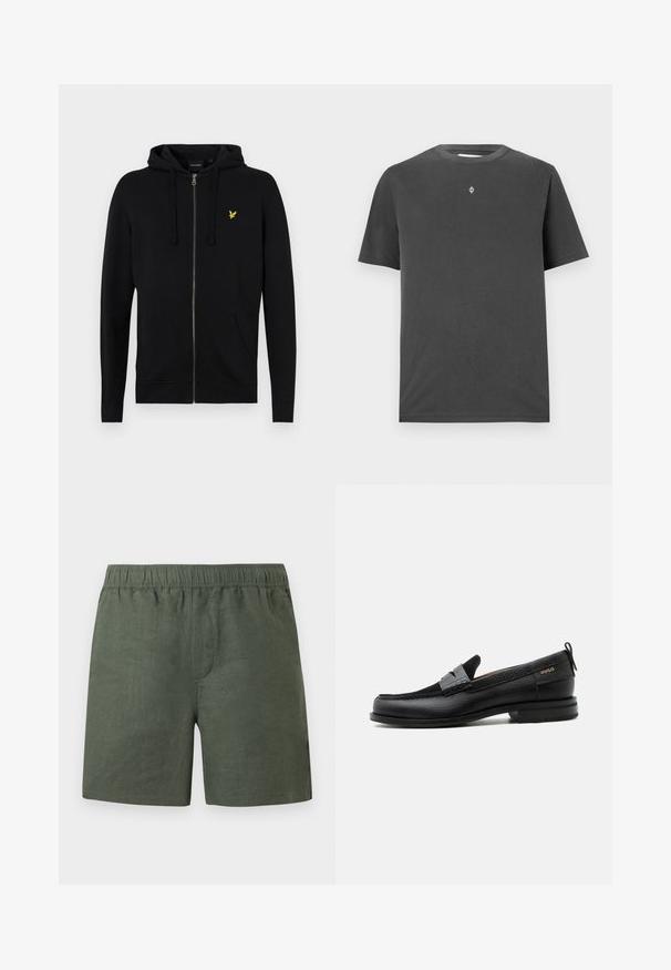 Sort zip-up hættejakke lavet af blødt stof, med snoretræk til hætten, frontlommer og et lille gult ørne-logo på brystet.; Mørkegrå bomulds T-shirt med rund hals og korte ærmer; har et lille, centreret logo i hvidt på brystet.; Grønne hørshorts med elastisk taljebånd, lige pasform og sidelommer. Letvægtsstof med en glat tekstur.; Sort læderloafer med grå remdetalje, lav hæl og tekstureret sål, mærket med "HUGO" i guld på siden.