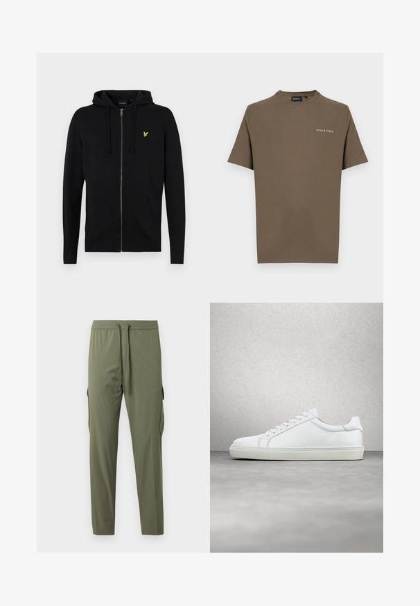 Sort zip-up hættejakke lavet af blødt stof, med snoretræk til hætten, frontlommer og et lille gult ørne-logo på brystet.; Brun bomuld T-shirt med korte ærmer og rund halsudskæring, med en hvid logo på venstre side af brystet.; Oliven grønne bukser med lige ben, elastisk talje med snøre og sidelommer med cargo-lukning, vist mod en hvid baggrund.; Hvide sneakers med en glat læderoverdel og lav profil. Har en rund tå, seks snørehuller og en tekstureret gummisål.