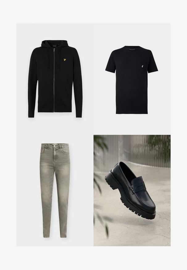 Sort zip-up hættejakke lavet af blødt stof, med snoretræk til hætten, frontlommer og et lille gult ørne-logo på brystet.; Sort bomulds t-shirt med kortærmer, rund hals og en forlommer med et lille hvidt fuglelogo. Blød tekstur og enkelt design.; Lysegrå denim skinny jeans med høj talje, femlommet design, let slid og subtil falmen i hele stoffet.; Sorte læder loafers med en chunky sål, der har en dekorativ rem og syninger. Glat tekstur med en poleret overflade.