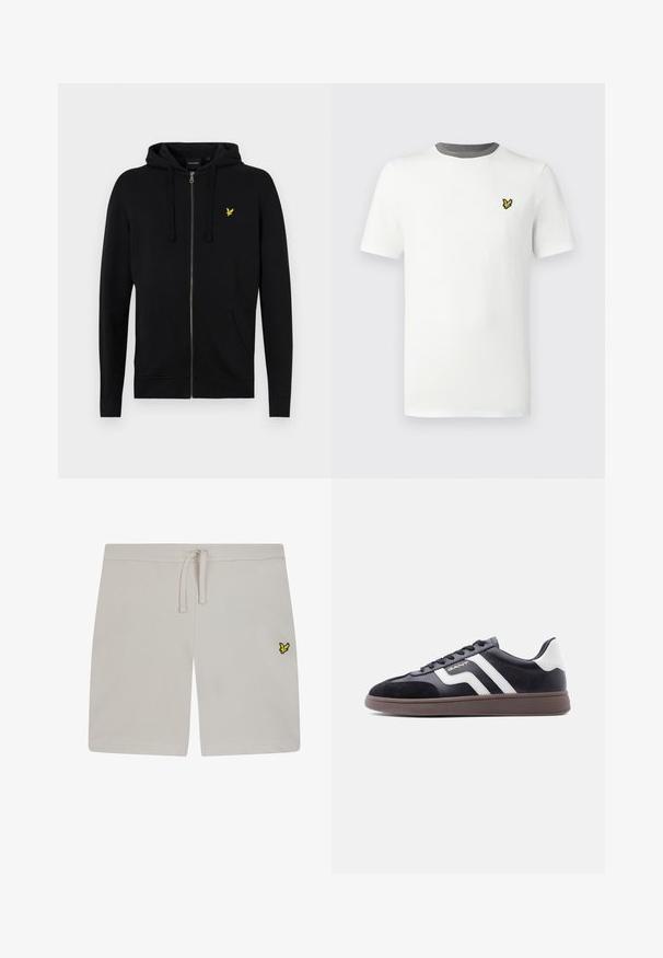 Sort zip-up hættejakke lavet af blødt stof, med snoretræk til hætten, frontlommer og et lille gult ørne-logo på brystet.; Hvid bomulds-T-shirt med rund hals, korte ærmer og grå halskant; har en lille gul broderet logo på brystet.; Lysegrå bomuldsshorts med elastisk talje og snøre. Har et lille gult logo på venstre side. Glat tekstur.; Sorte sneakers med ruskind og syntetisk materiale, hvide diagonale striber og en brun tekstureret sål. Har snøredesign og polstret krave.