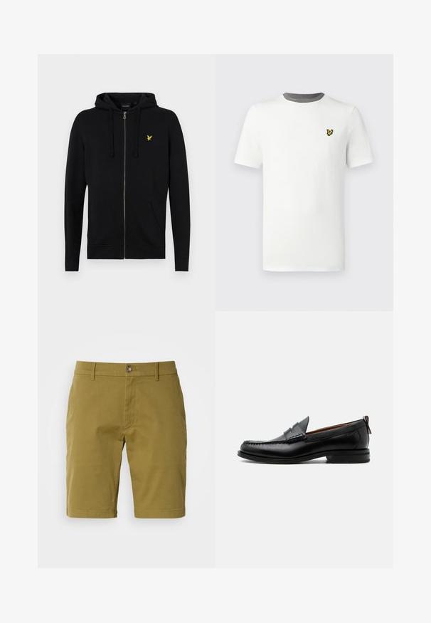 Sort zip-up hættejakke lavet af blødt stof, med snoretræk til hætten, frontlommer og et lille gult ørne-logo på brystet.; Hvid bomulds-T-shirt med rund hals, korte ærmer og grå halskant; har en lille gul broderet logo på brystet.; Oliven grønne shorts lavet af bomuldsblanding, med frontknaplukning, bæltestropper og sidelommer. Glat tekstur, skræddersyet pasform.; Sort læder herre loafer med moc-tå syning, penny strop, struktureret krave og lav stablet hæl på hvid baggrund.
