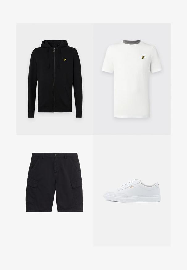 Sort zip-up hættejakke lavet af blødt stof, med snoretræk til hætten, frontlommer og et lille gult ørne-logo på brystet.; Hvid bomulds-T-shirt med rund hals, korte ærmer og grå halskant; har en lille gul broderet logo på brystet.; Sorte cargoshorts med frontknap og lynlås, to sidelommer, to klaplommer og bæltestropper.; Hvide lædersneakers med glat tekstur, rund tå og ton-i-ton syning. Har blå snørebånd og et gult logo på siden.