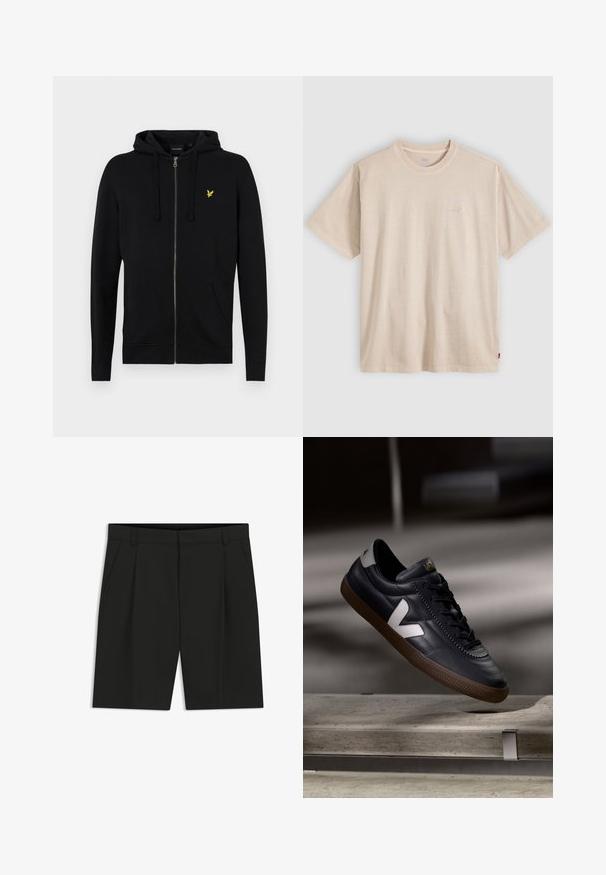 Sort zip-up hættejakke lavet af blødt stof, med snoretræk til hætten, frontlommer og et lille gult ørne-logo på brystet.; Beige T-shirt med korte ærmer og rund hals, med subtilt Levi’s-logo på brystet og lille rødt mærke på sidesømmen.; Sorte, skræddersyede knæshorts med bæltestropper, sidelommer og en frontplissering på en hvid baggrund.; Sort lædersneaker med hvid V-logo, snørebånd foran, perforerede detaljer og brunt gummisål; slankt design med minimale accenter.