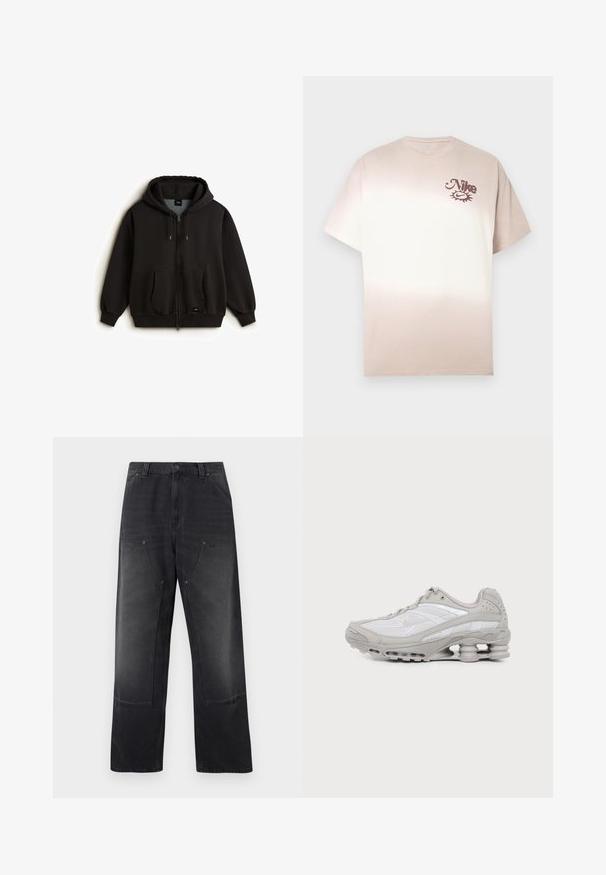 Mustat vetoketjulliset collegepaidat, jotka on valmistettu pehmeästä kankaasta. Etutasku, kiristettävä huppu ja ribbireunat. Logo-merkki vasemmassa alakulmassa.; Nike-t-paita beige-kermaan liukuvärillä, lyhyet hihat, pyöreä kaula-aukko, pieni ruskea logo vasemman rinnan yläosassa. Pehmeä puuvillamateriaali.; Musta leveälahkeiset farkut, joissa edessä paikkataskut, vyölenkit ja nappi sekä vetoketjukiinnitys.; Harmaa ja valkoinen urheilujalkaine, jossa verkkopaneelit, nauhallinen malli ja ainutlaatuinen jousimainen pohja vaimennukseen ja tukeen.