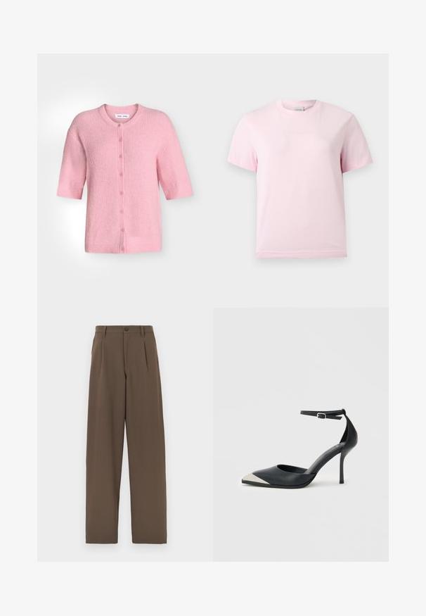 Cardigan rose pastel à manches courtes, col rond et fermeture boutonnée sur le devant, confectionné en tissu tricot côtelé.; T-shirt rose clair à manches courtes et col rond avec un logo "Calvin Klein" en relief subtil centré sur la poitrine.; Pantalon marron à jambes larges en tissu lisse, avec deux plis, une fermeture à un bouton et des poches standards.; Chaussure à talon haut noire à bout pointu avec embout métallique argenté et bride à la cheville avec fermeture à boucle sur fond blanc.