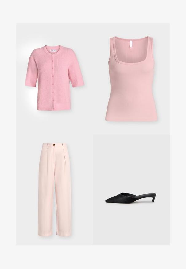Cardigan rose pastel à manches courtes, col rond et fermeture boutonnée sur le devant, confectionné en tissu tricot côtelé.; Débardeur côtelé rose doux sans manches avec un col carré et des bretelles épaisses.; Pantalon taille haute rose clair à jambes larges avec plis sur le devant, passants pour ceinture et fermeture par un bouton marron.; Mules en daim noir avec un bout pointu et un petit talon. Caractéristiques d'une texture lisse et d'un dos ouvert pour un enfilage facile. Design simple sans motifs.