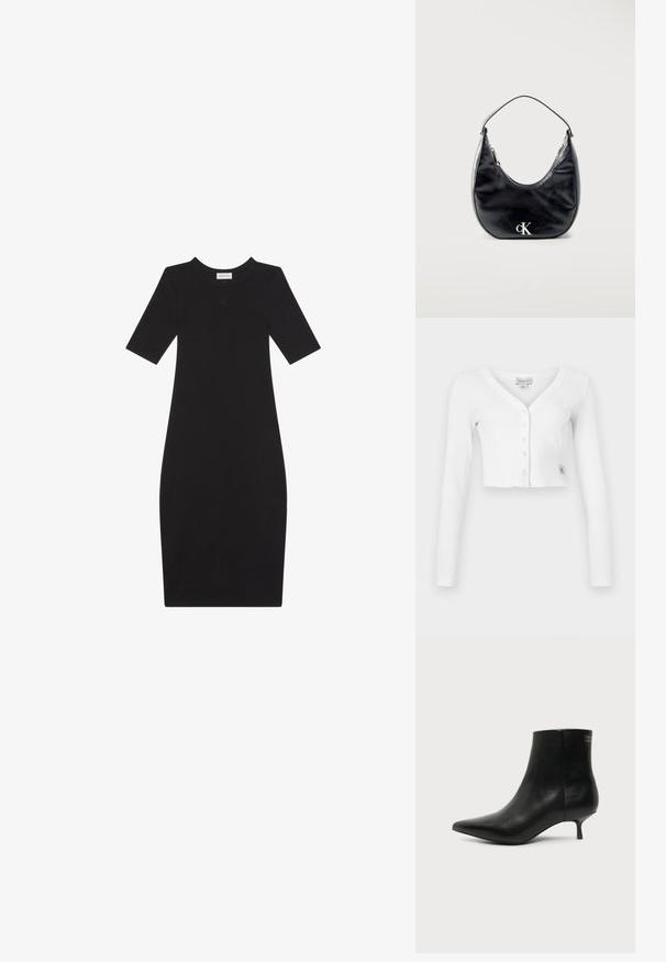 Cárdigan blanco recortado con escote en V, mangas largas y seis botones en la parte delantera. Presenta un pequeño parche de la marca en la parte inferior izquierda.; Vestido negro ajustado hasta la rodilla con mangas cortas y escote redondo, con un pequeño detalle de logotipo en el pecho.; Botín de piel negra con puntera puntiaguda y tacón bajo estilo kitten sobre fondo claro, mostrando vista lateral exterior.; Bolso de mano de cuero negro en forma de media luna con asa corta y logotipo "cK" plateado en el frente, cierre de cremallera en la parte superior.