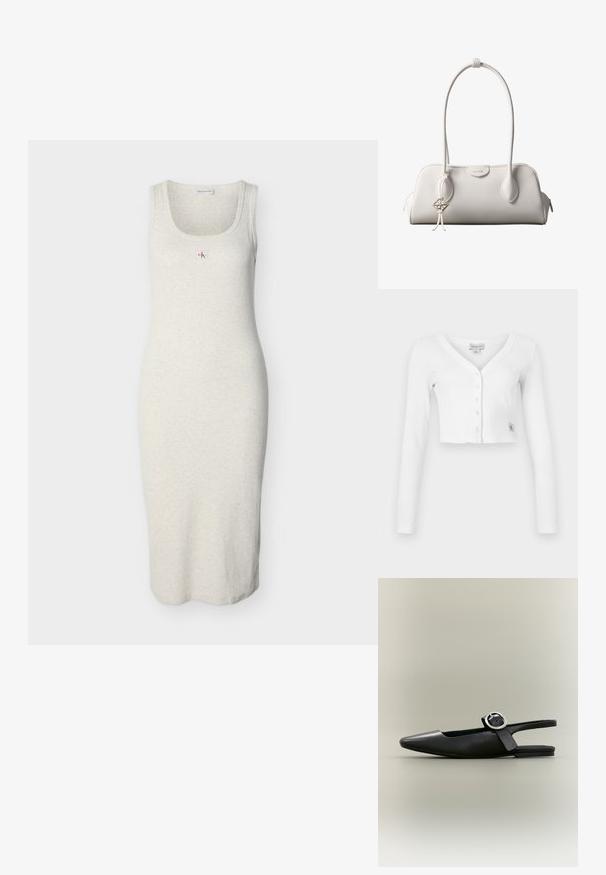 Weißer, taillierter Cardigan mit V-Ausschnitt, langen Ärmeln und sechs Knöpfen auf der Vorderseite. Besitzt ein kleines Markenetikett am unteren linken Rand.; Hellgraues, ärmelloses, figurbetontes Kleid aus weicher Baumwolle. Verfügt über einen runden Ausschnitt und ein kleines Logo in der Mitte. Knielang.; Schwarzer spitzer flacher Slingback-Schuh mit silberner Schnalle und niedrigem Absatz auf neutralem Hintergrund.; Weiße Calvin Klein Schultertasche mit langen Griffen, rechteckiger Form, Reißverschluss und dekorativem Logo-Anhänger, der in der Nähe des Griffs hängt.
