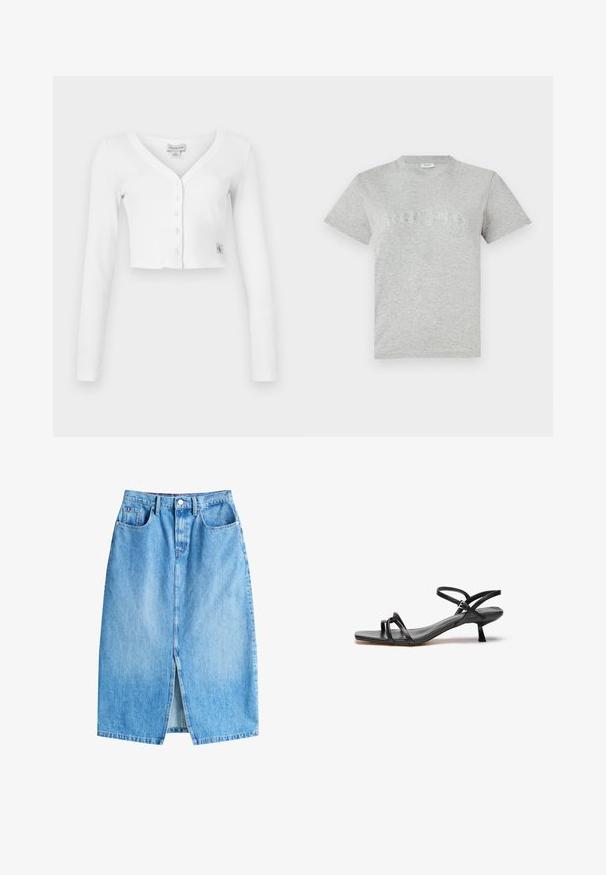 Weißer, taillierter Cardigan mit V-Ausschnitt, langen Ärmeln und sechs Knöpfen auf der Vorderseite. Besitzt ein kleines Markenetikett am unteren linken Rand.; Graues Baumwoll-T-Shirt mit kurzen Ärmeln, klassischem Rundhalsausschnitt und funkelnden Strassdetails in einem gebogenen Textdesign auf der Vorderseite.; Hellblaue Jeansrock mit einem vorderen Schlitz, fünf Taschen und einem Knopfverschluss. Mit einem klassischen geraden Schnitt und fransigem Saum.; Schwarze Ledersandale mit einem schlanken, minimalistischen Design. Sie verfügt über zwei dünne Riemen und einen kleinen, schrägen Absatz. Glatte Textur und offener Zehenbereich.