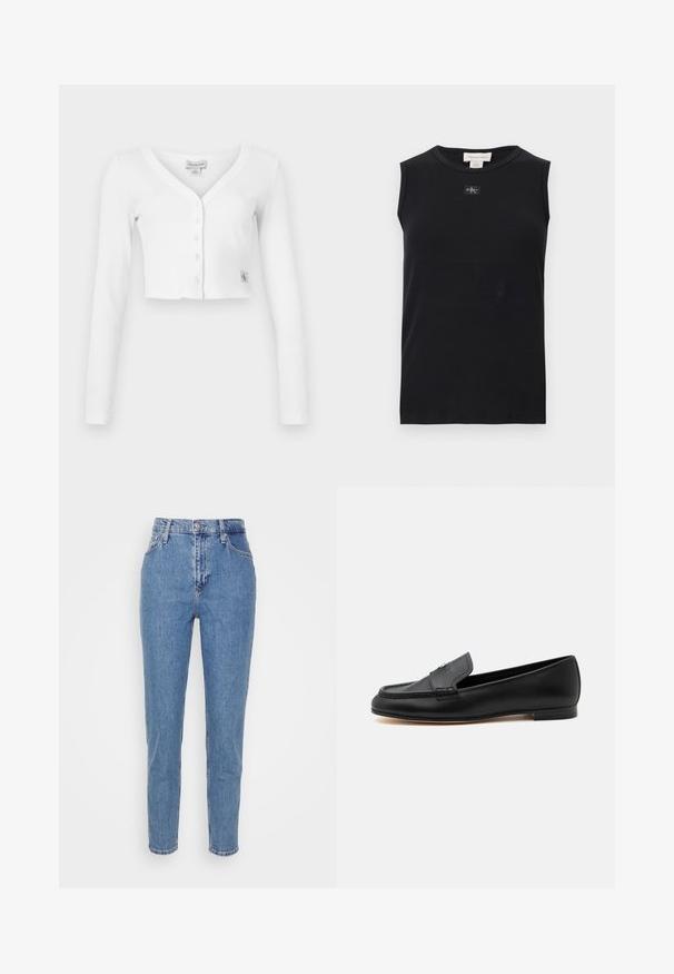 Witte korte cardigan met een V-hals, lange mouwen en zes knopen aan de voorkant. Bevat een klein merklabel aan de onderkant links.; Zwart mouwloos, geribbeld tanktop met ronde hals en een klein Calvin Klein-logoplaatje in het midden onder de kraag.; Blauwe high-waisted straight-leg jeans met een knoop en rits aan de voorkant, riemlussen en zakken, weergegeven op een effen witte achtergrond.; Zwarte leren loafer met lage hak, gestikte details en een klein metalen accent op de bovenkant.