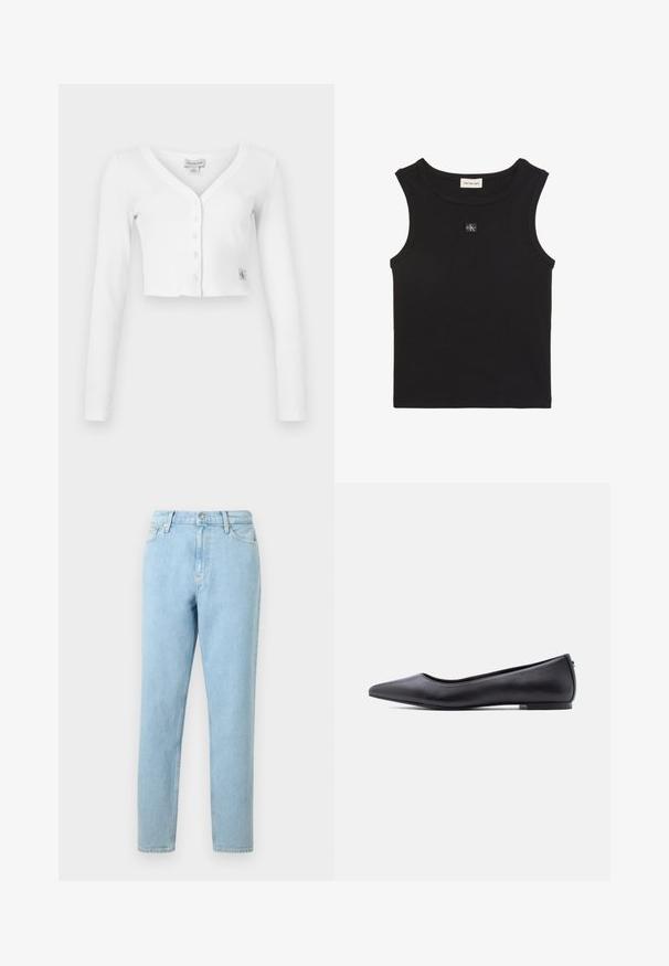 Valkoinen lyhyt neuletakki, jossa on V-pääntie, pitkät hihat ja kuusi nappia edessä. Alakulmassa on pieni brändilogo.; Musta ribbineulottu hihaton paita, pyöreä kaula-aukko, Calvin Klein Jeans -etiketti kauluksen sisäpuolella ja pieni CK-logo rintapatsaassa.; Vaaleansiniset farkut suoran lahkeen istuvuudella, viiden taskun suunnittelulla ja napin sulkemisella. sisältää hienoa haalistumista ja sileän tekstuurin.; Musta kärjestään terävä, matalakorkoinen nahkainen tasapohjakenkä, esitetty sivuprofiilissa valkoista taustaa vasten.