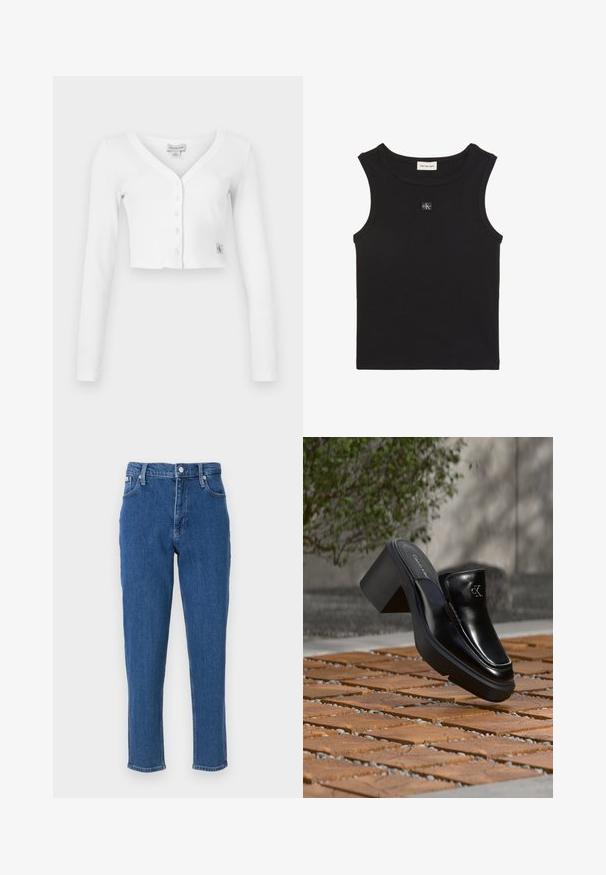 Witte korte cardigan met een V-hals, lange mouwen en zes knopen aan de voorkant. Bevat een klein merklabel aan de onderkant links.; Zwarte geribbelde mouwloze top met ronde hals, Calvin Klein Jeans label aan de binnenkant van de kraag en een klein CK-logo applicatie op de borst.; Blauwe denim jeans met een hoge taille, ritssluiting, vijf zakken, rechte pijpen en een subtiele vervaagde textuur, afgewerkt met een nette zoom.; Zwarte leren Calvin Klein slip-on mule met blokhak rustend op houten tegels buiten, vlak bij een groene plant en een grijze muur.