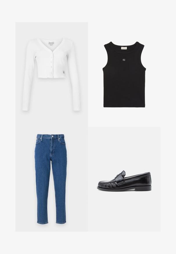 Valge lühike kardigan, millel on V-kaelus, pikad varrukad ja kuus nööpi ees. Esiküljel on väike brändipatch all vasakul.; Must triibuline varrukateta top ümmarguse kaelusega, Calvin Klein Jeans'i silt kaeluse sees ja väike CK logo rinnal.; Sinine teksapükste mudel, mis sisaldab kõrget vööd, tõmblukkude sulgemist, viit taskut, sirget jalga ning peent pleekinud tekstuuri, lõpuks puhta ääristusega.; Mustad nahast loafers musta värvi, ümarate varvastega, eristuva õmblusega ja dekoratiivse rihmaga vampi üle. Sile viimistlus ja madal konts.