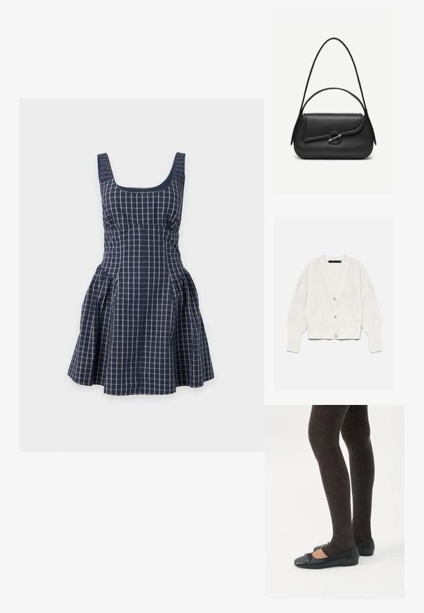 Cardigan alb tricotat, cu mâneci lungi și trei nasturi în față, afișat pe un fundal simplu și deschis la culoare.; Rochie bleumarin fără mâneci, cu model tip grilă alb, talie cambrată, decolteu pătrat și fustă evazată.; Picioare purtând colanți închiși la culoare cu dungi, asortați cu balerini negri cu detalii mici de fundă pe un fundal alb.; Geantă neagră din piele cu margini rotunjite, clapetă asimetrică, închizătoare circulară din metal și curele de umăr scurte și lungi.