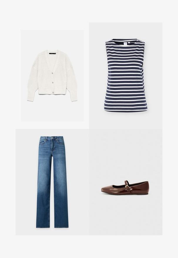 White knitted cardigan with long sleeves and three buttons down the front, displayed on a plain light background.; Sleeveless navy blue and white horizontal striped top with crew neckline, made of soft cotton fabric, displayed on plain background.; Blue wide-leg denim jeans with five pockets and a button closure, displayed flat on a light background.; Brown patent leather ballet flat with a square toe and strap featuring a small gold buckle. Smooth texture, low heel, and minimalist design.