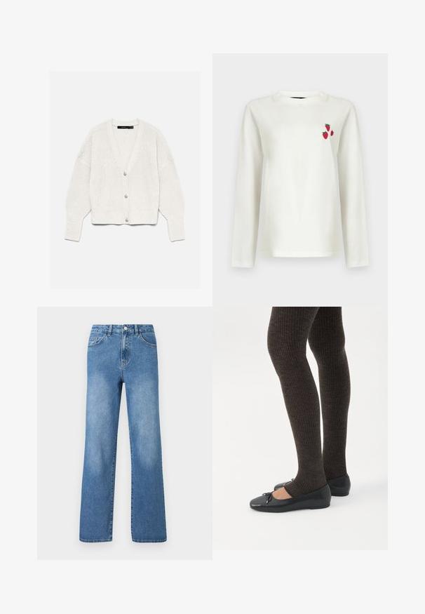 Cardigan blanc en maille avec manches longues et trois boutons sur le devant, présenté sur un fond uni clair.; Chemise blanche à manches longues avec col rond, ornée de trois petites fraises rouges imprimées sur le côté gauche de la poitrine.; Jeans en denim bleu clair avec une taille haute, un design à jambes larges, cinq poches et des détails de couture visibles. Texture lisse avec un léger délavage.; Jambes portant des leggings côtelés foncés associés à des ballerines noires avec de petits détails en nœud sur fond blanc.