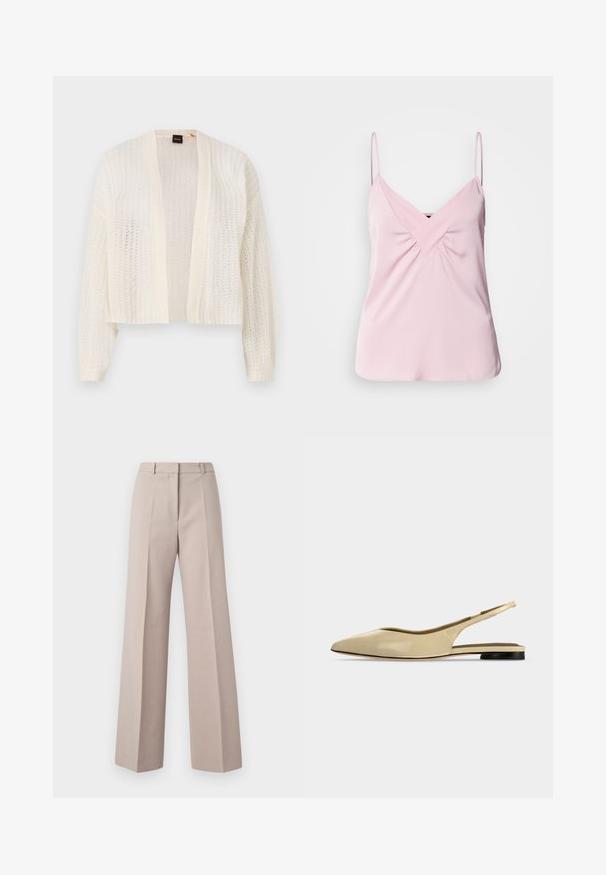 Cardigan en tricot ouvert, fabriqué en matériau léger de couleur blanc cassé, avec des manches longues et un ourlet court. Sans fermetures ni fonctionnalités supplémentaires.; Haut sans manches rose clair avec un col en V et un détail froncé à l'avant. Fabriqué en tissu lisse avec des bretelles fines et un ourlet arrondi.; Pantalons beige à jambes larges en tissu lisse, avec une taille haute, des plis avant et une silhouette ajustée.; Chaussure plate beige à bout pointu avec bride arrière, petit talon noir et finition en cuir lisse, vue de côté sur un fond uni.