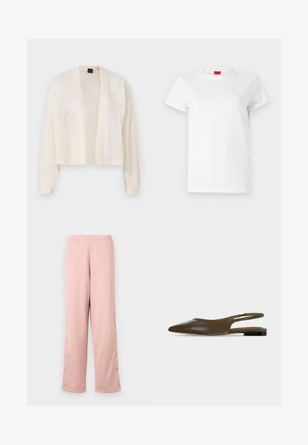 Cárdigan de punto abierto, hecho de material ligero en color blanco roto, con mangas largas y un dobladillo corto. Sin cierres ni características adicionales.; Camiseta blanca de manga corta hecha de algodón ligero. Presenta un escote redondo y mangas enrolladas. Etiqueta de logo roja en el cuello.; Pantalones de pernera ancha de color rosa claro, hechos de una tela suave, que presentan un sutil patrón en relieve y botones decorativos a lo largo de la costura lateral.; Zapato plano de tacón bajo y tira trasera en punta de color verde oliva con acabado liso y brillante.