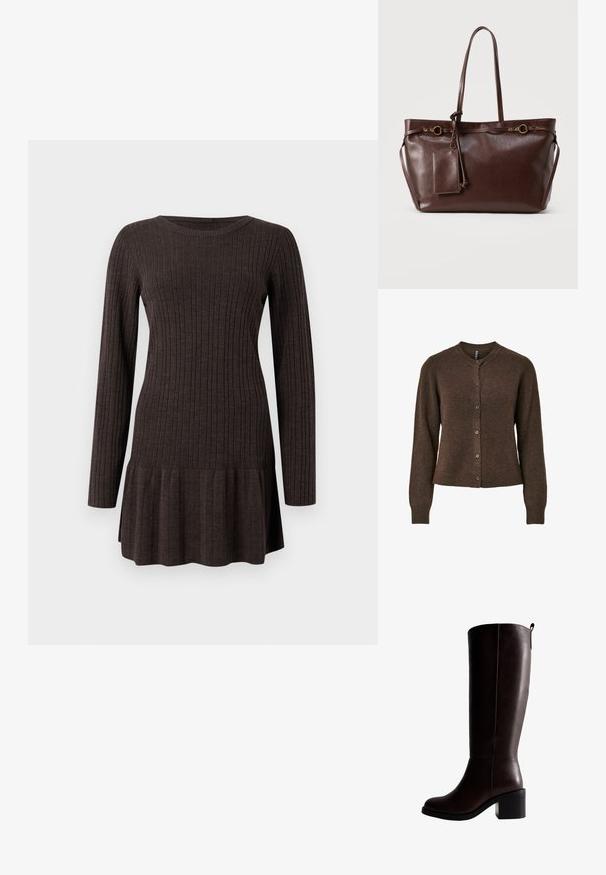 Cardigan marron avec un col rond, des manches longues et une fermeture à bouton. Fabriqué à partir d'un matériau texturé doux, il présente une silhouette ajustée.; Robe marron côtelée à manches longues, avec un ourlet évasé. Fabriquée dans un matériau doux et texturé, offrant une silhouette ajustée.; Botte en cuir marron hauteur genou avec un talon épais, texture lisse, couture minimale et une boucle à l'arrière pour un enfilage facile.; Sac cabas en cuir marron foncé avec deux longues anses, anneaux décoratifs en or, et pochette rectangulaire attachée avec fermeture éclair.