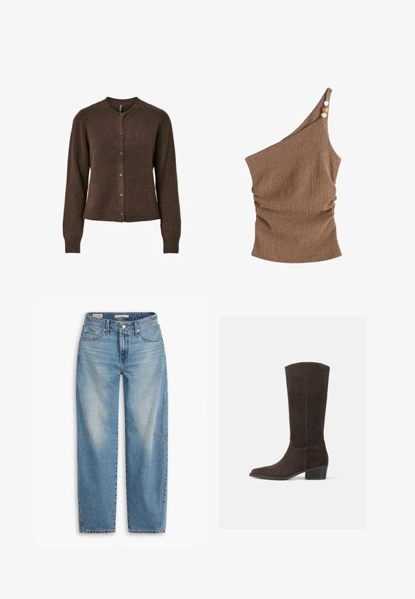 Cardigan marron avec un col rond, des manches longues et une fermeture à bouton. Fabriqué à partir d'un matériau texturé doux, il présente une silhouette ajustée.; Haut texturé marron à une épaule avec côtés froncés et accents de perles en bois sur la bretelle.; Jean en denim bleu clair avec une coupe ample, un design à jambes droites, une braguette boutonnée et un style à cinq poches, présentant un léger délavage et des détails de couture subtils.; Bottine en daim marron foncé, montante jusqu'au genou, avec un bout carré, une texture lisse et un petit talon empilé, affichant un design minimaliste et des lignes épurées.